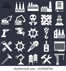 Set Of 25 icons such as Crane, Tools, Silo, Robot arm, Screw, Oilfield, Sanding machine, Wood cutting, Excavator, Factory, Factory on black background, web UI editable icon pack