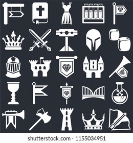 Set Of 25 icons such as Crossbow, Crown, Tower, Axe, Fanfare, Beer, Castle, Banner, Goblet, Gown, Bible on black background, web UI editable icon pack