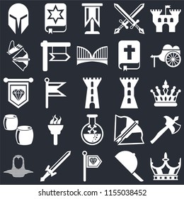 Set Of 25 icons such as Crown, Hat, Standard, Sword, Coif, Wheelbarrow, Tower, Poison, Beer, Crossbow, Spellbook on black background, web UI editable icon pack