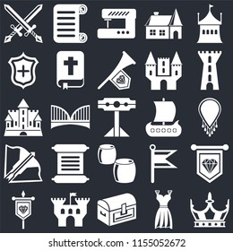 Set Of 25 icons such as Crown, Gown, Chest, Castle, Banner, Tower, Viking ship, Beer, Crossbow, Shield, Sewing machine, Scroll on black background, web UI editable icon pack