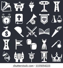 Set Of 25 icons such as Crown, Standard, Banner, Castle, Crossbow, Alchemy, Bridge, Beer, Tower, Drum, Torch, Castle on black background, web UI editable icon pack