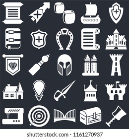 Set Of 25 icons such as Cup, Chest, Bridge, Archery, Sewing machine, Castle, Tower, Dagger, House, Book, Beer, Lance on black background, web UI editable icon pack