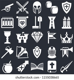 Set Of 25 icons such as Dagger, Bible, Bridge, Lance, Cauldron, Tower, Flag, Shield, Axe, Alchemy, Armour, Swords on black background, web UI editable icon pack