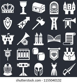 Set Of 25 icons such as Dagger, Gown, Armour, Pillory, Helmet, Fanfare, Bridge, Beer, Banner, Shield, Chest, Goblet on black background, web UI editable icon pack