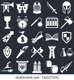 Set Of 25 icons such as Dagger, Beer, Tower, Standard, Witch, Axe, Bridge, Axes, Shield, Goblet, Helmet, Castle on black background, web UI editable icon pack