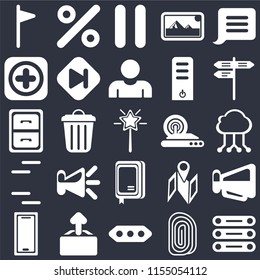 Set Of 25 icons such as Database, Fingerprint, More, Upload, Smartphone, Street, Wireless internet, Notebook, Lines, Add, Pause, Percent on black background, web UI editable icon pack