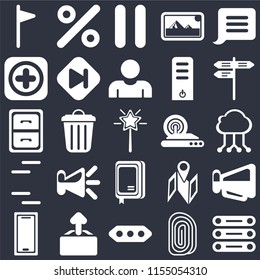 Set Of 25 icons such as Database, Fingerprint, More, Upload, Smartphone, Street, Wireless internet, Notebook, Lines, Add, Pause, Percent on black background, web UI editable icon pack