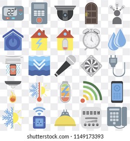 Set Of 25 icons such as Dial, Meter, Lightbulb, Socket, Heating, Water, Cooler, Power, Sensor, Smart home, Security camera, Intercom, web UI transparent icon pack, pixel perfect
