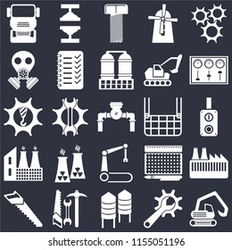 Set Of 25 icons such as Digger, Maintenance, Silo, Tools, Saw, Control panel, Elevator, Robotic arm, Factory, Gas mask, Bolt, Machine press on black background, web UI editable icon pack