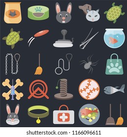 Set Of 25 icons such as Dustpan, Fish food, First aid, Collar, Rabbit, Fishbowl, Spider, Scratching, Treats, Turtle, Pet bed on black background, web UI editable icon pack