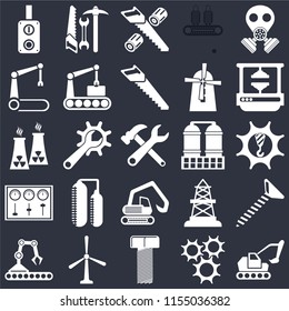 Set Of 25 icons such as Excavator, Cogwheel, Bolt, Windmill, Conveyor, Machine press, Refinery, Digger, Control panel, Robotic arm, Wood cutting, Tools on black background, web UI editable icon pack