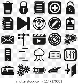 Set Of 25 icons such as Exit, Notebook, Switch, Settings, Id card, Radar, Cloud computing, Server, Notepad, Note, Locked, web UI transparent icon pack, pixel perfect