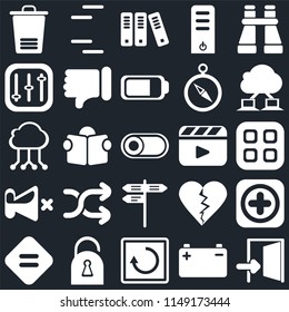 Set Of 25 icons such as Exit, Battery, Restart, Locked, Equal, Cloud computing, Video player, Street, Mute, Controls, Archive, Lines, web UI editable icon pack, pixel perfect