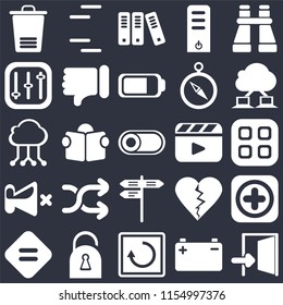 Set Of 25 icons such as Exit, Battery, Restart, Locked, Equal, Cloud computing, Video player, Street, Mute, Controls, Archive, Lines on black background, web UI editable icon pack
