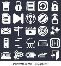 Set Of 25 icons such as Exit, Notebook, Switch, Settings, Id card, Radar, Cloud computing, Server, Notepad, Note, Locked on black background, web UI editable icon pack