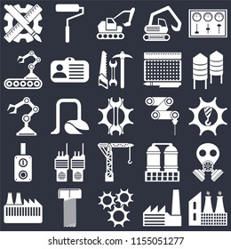 Set Of 25 icons such as Factory, Cogwheel, Bolt, Silo, Drilling machine, Crane, Switch, Conveyor, Excavator, Roller on black background, web UI editable icon pack