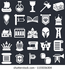Set Of 25 icons such as Fanfare, Beer, Standard, Shield, Scroll, Tent, Helmet, Sewing machine, Crown, Necklace, Goblet, Poison on black background, web UI editable icon pack