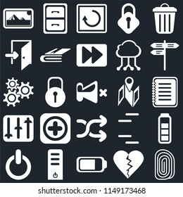 Set Of 25 icons such as Fingerprint, Dislike, Battery, Server, Switch, Street, Map, Shuffle, Controls, Exit, Restart, Archive, web UI editable icon pack, pixel perfect