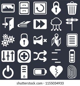 Set Of 25 icons such as Fingerprint, Dislike, Battery, Server, Switch, Street, Map, Shuffle, Controls, Exit, Restart, Archive on black background, web UI editable icon pack