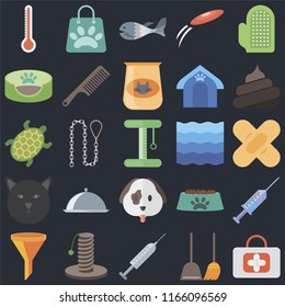 Set Of 25 icons such as First aid, Dustpan, Injection, Scratching, Filter, Poop, Water, Dog, Cat, Pet bed, Fish, Shopping bag on black background, web UI editable icon pack
