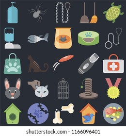 Set Of 25 icons such as Fish food, Bird house, Bone, Tennis, Birdhouse, Leash, Razor, Cage, Rabbit, Water tank, Spider on black background, web UI editable icon pack