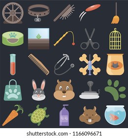 Set Of 25 icons such as Fishbowl, Hamster, Shampoo, Turtle, Carrot, Bird cage, Treats, Shopping bag, Pet bed, Brush, Collar on black background, web UI editable icon pack
