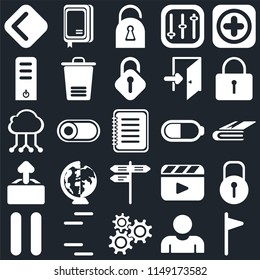 Set Of 25 icons such as Flag, User, Settings, Lines, Pause, Locked, Battery, Street, Upload, Server, Notebook, web UI editable icon pack, pixel perfect