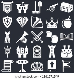 Set Of 25 icons such as Flag, Bible, Crown, Pillory, Scroll, Cauldron, Beer, Stained glass window, Banner, Shield, Tools, Castle on black background, web UI editable icon pack