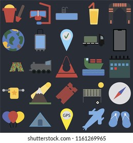 Set Of 25 icons such as Flip flops, Plane, Gps, Tent, Balloon, Phone, Ship, Tickets, Towel, Globe, Swimming pool, Snorkel on black background, web UI editable icon pack