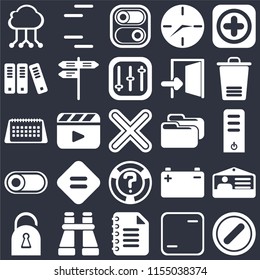 Set Of 25 icons such as Forbidden, Frame, Notepad, Binoculars, Locked, Trash, Folder, Help, Switch, Archive, Lines on black background, web UI editable icon pack