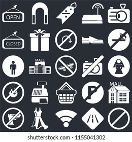 Set Of 25 icons such as Forbidden, Road, Wifi, Dress, Gun, No smoking, camera, Shopping basket, fire, Closed, Discount, Magnet on black background, web UI editable icon pack