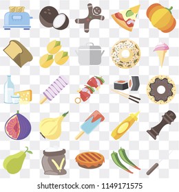 Set Of 25 icons such as Fork, Pepper, Pie, Flour, Pear, Ice cream, Sushi, Fig, Bread, Gingerbread, Coconut, web UI transparent icon pack, pixel perfect
