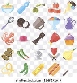 Set Of 25 icons such as Fork, Hot dog, Mustard, Peas, Pretzel, Teapot, Ham, Scale, Potatoes, Whisk, Olives, Water, web UI transparent icon pack, pixel perfect