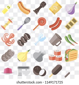 Set Of 25 icons such as Fork, Ice cream, Coconut, Mixer, Jelly, Biscuit, Mug, Salt, Cookies, Apple, Pepper, Hot dog, web UI transparent icon pack, pixel perfect
