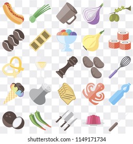 Set Of 25 icons such as Fork, Jelly, Knives, Pepper, Coconut, Sushi, Potatoes, Toast, Ice cream, Coffee, Mug, Chives, web UI transparent icon pack, pixel perfect