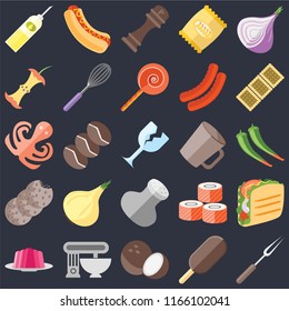 Set Of 25 icons such as Fork, Ice cream, Coconut, Mixer, Jelly, Biscuit, Mug, Salt, Cookies, Apple, Pepper, Hot dog on black background, web UI editable icon pack