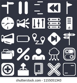 Set Of 25 icons such as Frame, Multiply, Notebook, Upload, Add, Server, Skip, User, Folder, Clock, Lines, Pause on black background, web UI editable icon pack