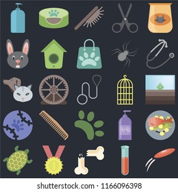 Set Of 25 icons such as Frisbee, Test tube, Bone, Winner, Turtle, Stethoscope, Bird cage, Animal, Tennis, Rabbit, Brush, Pet bed on black background, web UI editable icon pack