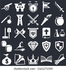 Set Of 25 icons such as Gauntlet, Bridge, Crown, Crossbow, Money bag, Cauldron, Bible, Jewelry, Beer, Morning star, Drum, Castle on black background, web UI editable icon pack