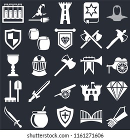 Set Of 25 icons such as Gauntlet, Bridge, Shield, Cauldron, Sword, Axe, Fanfare, Cannon, Tools, Tower, Witch on black background, web UI editable icon pack