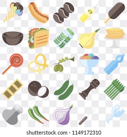 Set Of 25 icons such as Glass, Fork, Onion, Pepper, Salt, Pancakes, Ice cream, Cucumber, Biscuit, Bowl, Coffee, Hot dog, web UI transparent icon pack, pixel perfect