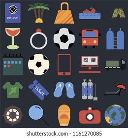 Set Of 25 icons such as Globe, Camera, Sun protection, Search, Helm, Oxygen, Booking, Flip flops, Shirt, Cocktail, Bag, Palm tree on black background, web UI editable icon pack