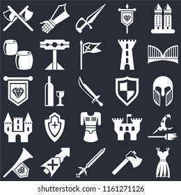 Set Of 25 icons such as Gown, Axe, Sword, Lance, Fanfare, Bridge, Shield, Tunic, Castle, Beer, Dagger, Gauntlet on black background, web UI editable icon pack