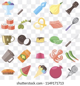 Set Of 25 icons such as Grinder, Pomegranate, Ice cream, Pie, Whisk, Lime, Jelly, Mug, Sushi, Water, Fork, web UI transparent icon pack, pixel perfect