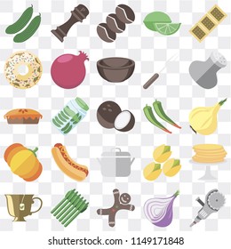 Set Of 25 icons such as Grinder, Onion, Gingerbread, Asparagus, Tea, Salt, Pepper, Pot, Pumpkin, Doughnut, Coffee, web UI transparent icon pack, pixel perfect