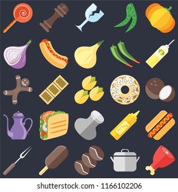 Set Of 25 icons such as Ham, Pot, Coffee, Ice cream, Fork, Oil, Doughnut, Salt, Teapot, Onion, Glass, Pepper on black background, web UI editable icon pack