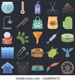 Set Of 25 icons such as Hamster ball, Frisbee, Bowl, Cat, Pet house, Glove, Injection, Animal carrier, Water, Lamp, Shampoo, Thermometer on black background, web UI editable icon pack