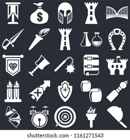 Set Of 25 icons such as Hat, Torch, Archery, Drum, Crossbow, Horseshoe, Book, Shield, Tower, Dagger, Armour, Money bag on black background, web UI editable icon pack
