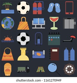 Set Of 25 icons such as Helm, Search, Swimsuit, Trailer, Sun protection, Elevator, Calendar, Map, Bag, Globe, Aqualung, Ball on black background, web UI editable icon pack