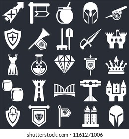 Set Of 25 icons such as Helmet, Tower, Standard, Shield, Castle, Banner, Bridge, Beer, Cauldron, on black background, web UI editable icon pack